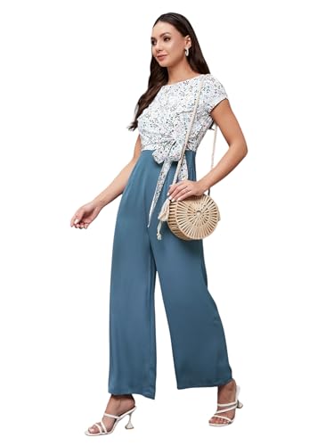 Miss Chase WomenS Round Neck Short Sleeves Floral Waist Tie Up Jumpsuit (Mcss25D93-81-253-06, Multicolor Base Azure Blue, Xl)