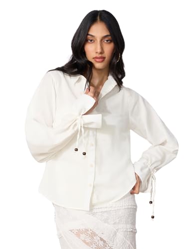 The Souled Store Cotton Linen: Ivory Women and Girls Long Sleeves Collared Neck Button Front Solid Regular Fit Cotton Linen Shir