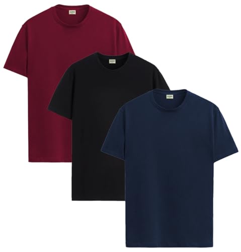 ADRO Mens Solid Regular Fit T-Shirt (RCM3-PLN-BL-NB-MR_Black,Navy,Maroon