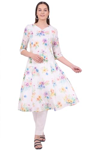 Aurelia Womens White Floral Printed A-line Kurta with Zari Embroidery