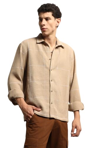 Hubberholme Men Summer Cotton Spread Collar Long Sleeves Oversized Casual Shirt 36 Beige