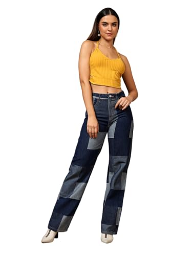 KOTTY Womens Checkered Pure Cotton Wide Leg Jeans(Blue,28)