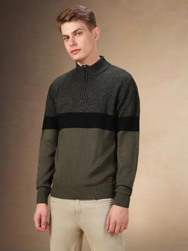 Dennis Lingo Men Colorblock Acrylic Regular Fit Full Sleeves Pullover Sweater Black