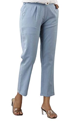 Digital Shopee Women Regular Fit Elastic Waist Full Length Cotton Formal Trouser For Casual Wear, Office Wear Sky Blue