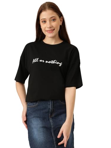 KOTTY Womens Cotton Blend Black Printed Oversized T-Shirts