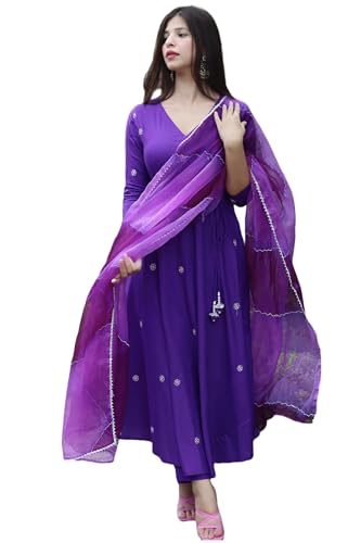 GoSriKi Womens Cotton Blend Anarkali Embroidered Kurta with Pant & Dupatta (GSK-Purple-GS_3XL_Purple_XXX-Large)