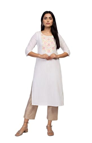 Aurelia WomenS White Embroidery Zari Work Straight Cotton Kurta (A15129-605263-M)