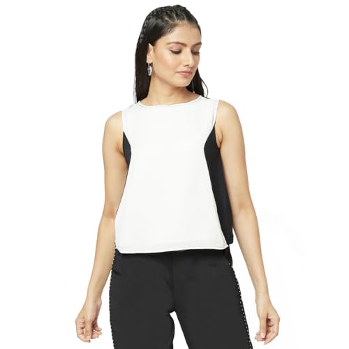 Fabindia Women Cotton Linen Black-White Colorblock Round Neck Slim Fit Top