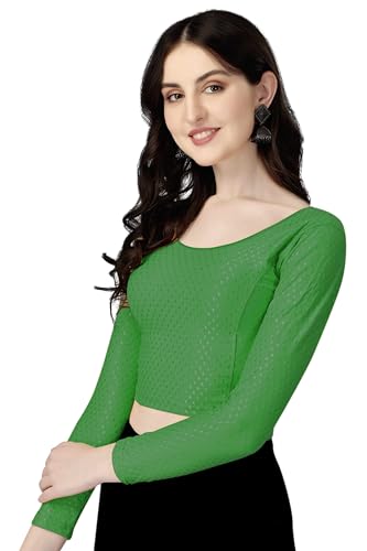 Shiv Textiles Round Neck Dobby Cotton Lycra Stretchable Elbow Sleeve Readymade Saree Blouse for Women Stylish (GreenOver Size Fu