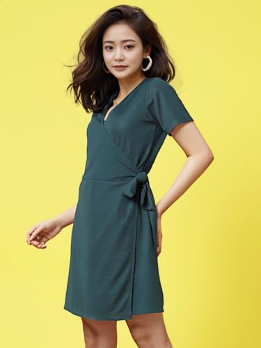 Rigo Women Self Textured Poly Corduroy Half Sleeves Wrap Dress With Belt | WomenS Casual V-Neck Wrap Dress | Mini Dress For Wom
