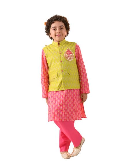 Pspeaches Boys Ethnic Motifs Printed Pure Cotton Kurta With Pyjamas Nahru Jacket