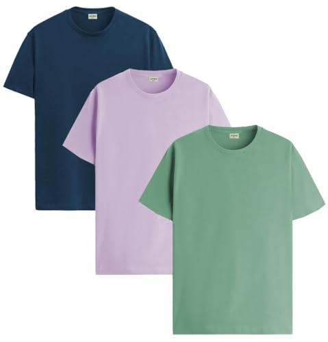ADRO Mens Solid Regular Fit T-Shirt (RCM3-PLN-PU-SB-PT_Purple,Teal,Pista