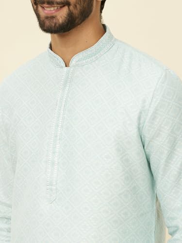 Manyavar Mens Blue Blended Cotton Printed Kurta Pyjama Set