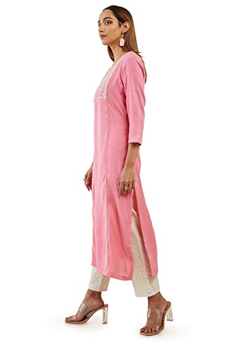 Soch Pink Rayon Textured Kurta with Embroidered Designs