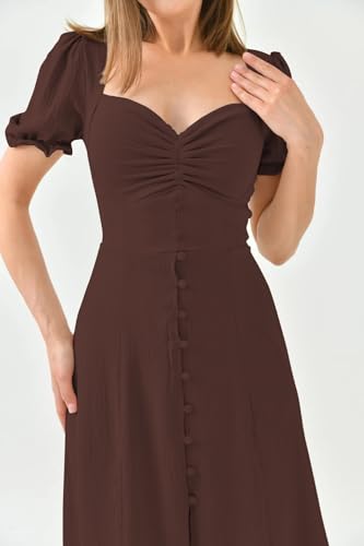 Shasmi Girls & Womens Solid Brown Midi Dress Elegant Square Neck Button-Down Dress with Puff Short Sleeves | Stylish Casual &