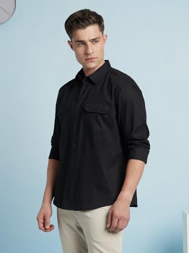 Dennis Lingo Men Linen Blend Regular Fit Solid Shirts Black