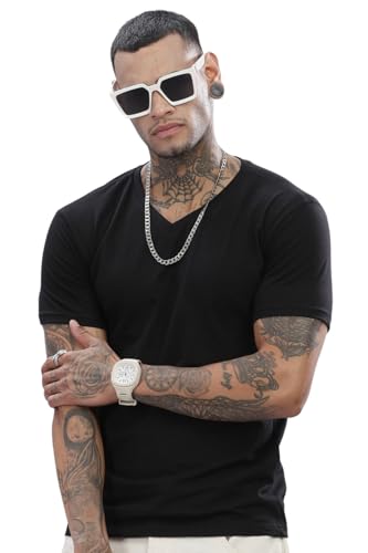 ADRO Mens V Neck Solid Cotton T-Shirt (VN-M-PLN-BL_Black_XL)