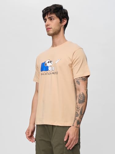 The Souled Store Peanuts: Airplane Mode On Men and Boys Short Sleeves Round Neck Beige Graphic Printed Regular Fit Cotton T-Shir
