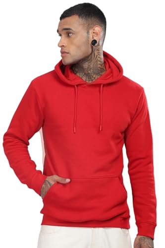 ADRO Mens Cotton Neck Hooded Sweatshirt (H24-M-PLN-RD-L_Red)