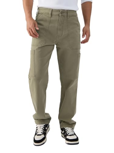 The Souled Store Solids: Light Olive Straight Fit Cotton Blend Cargo Jeans For Men And Boys - Effortless Utility And Style Combi