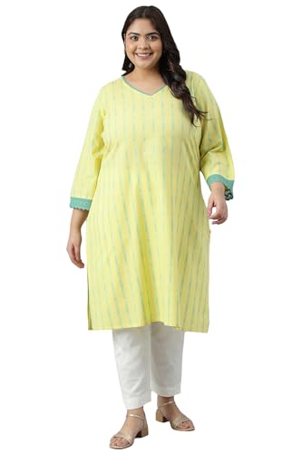Yellow Cotton Dobby V-Neck Plus Size Kurta