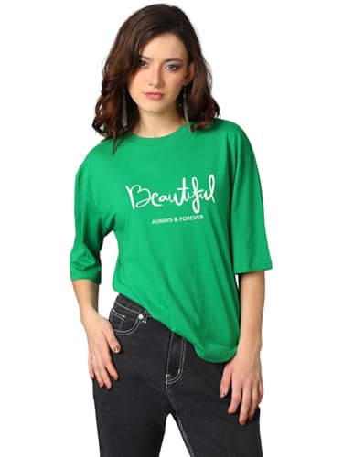 KOTTY Womens Printed, Typography Round Neck Cotton Blend 3/4 Sleeve T-Shirt(Green,L)