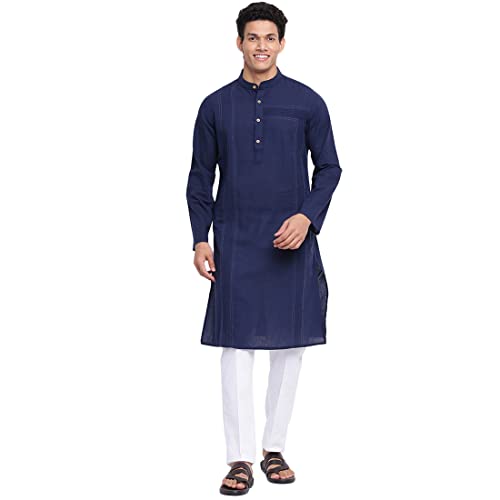 Fabindia Men Cotton Pintucks Long Kurta Navy_Xl