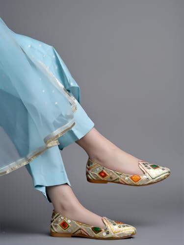 Shoetopai WomenS Golden Ethnic Embroidered Slip-On Belly With Mirror Work Traditional Multicolor Juttis For Casual & Festive E