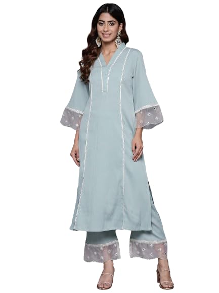 Varanga Women Sea Green Organza And Lace Detailed Kurta Set