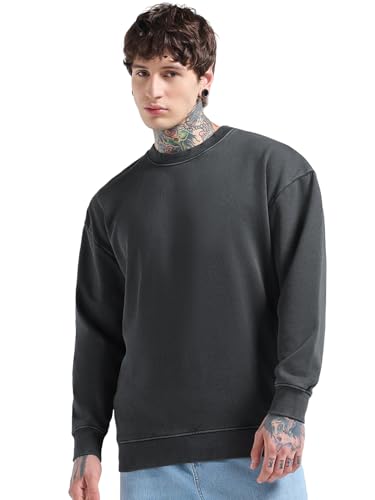 Bewakoof Heavy Duty 1.0 MenS Washed Oversized Fit Full Sleeve Round Neck Fleece Sweatshirt_682735_Grey_M