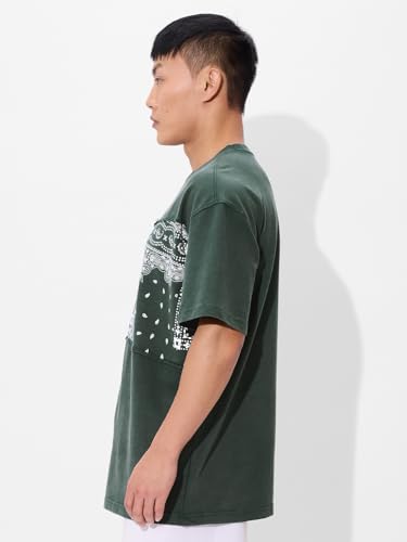 The Souled Store Meadow Men And Boys Short Sleeves Round Neck Green Paisley Printed Cotton Oversized T-Shirts