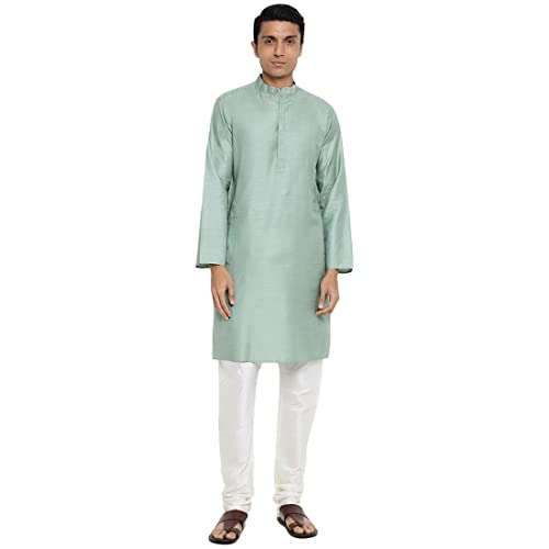 Fabindia Men Silk Long Kurta Slim Fit Green_M