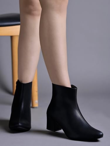 Shoetopai WomenS Black Ankle Boots Faux Leather Pointed Toe Booties With Side Zip & Mid Block Heel For Work, Party & Everyday