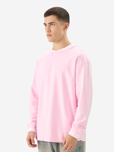 The Souled Store Solids: Pastel Pink Men And Boys Round Neck Full Sleeve Cotton Oversized T-Shirts