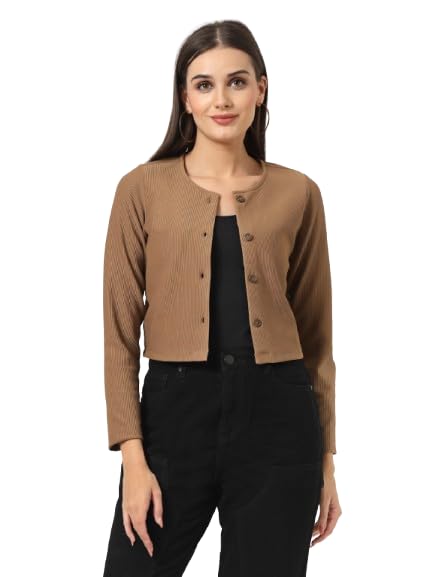 Style Quotient Women Tan Solid Rib Regular Fit Shrug