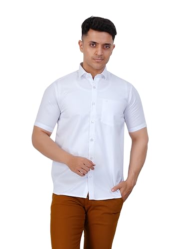 PRAKASAM COTTON Self Design Poly Cotton Moon Light White Half Sleeve Shirt for Men/Regular Fit Half Sleeve Shirt for Men