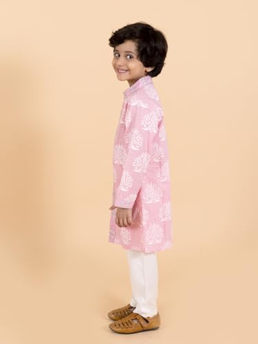Pspeaches Boys Pink Floral Printed Panelled Pure Cotton Kurta With Pyjamas