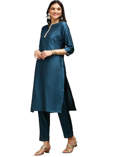 Ishin Notch Neck Thread Work Silk Crepe Straight Kurta With Trousers & Dupatta | Kurta Set For Women | Kurta With Trousers And D