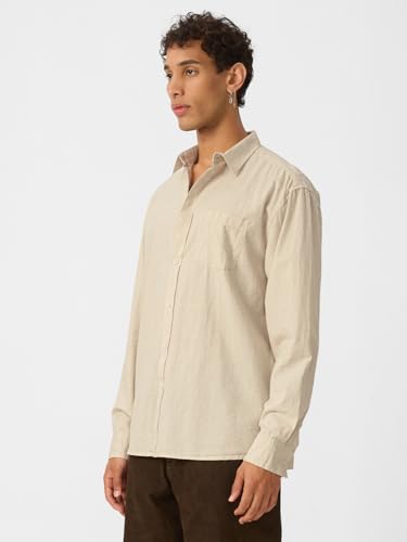 The Souled Store Solids : Ecru Beige Men And Boys Collared Neck Long Sleeve Button Front Regular Fit Cotton Linen Shirt