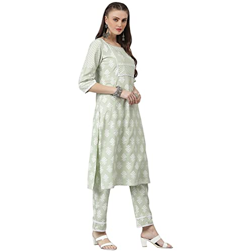 Stylum Women's Floral Print Rayon Kurta Pant Set (Mint Green)
