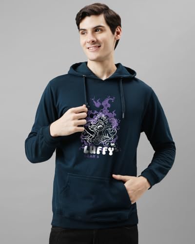 ADRO Men's Hoodie | Printed Cotton Hoodie, Navy Blue, Size 48 | Model H24-LUFFY-NB