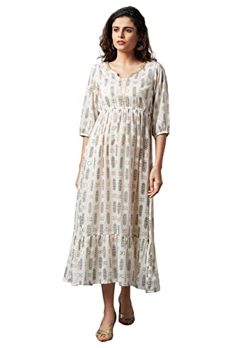 Aurelia Printed Polyester Round Neck Womens Flared Dress (White, Extra Large)