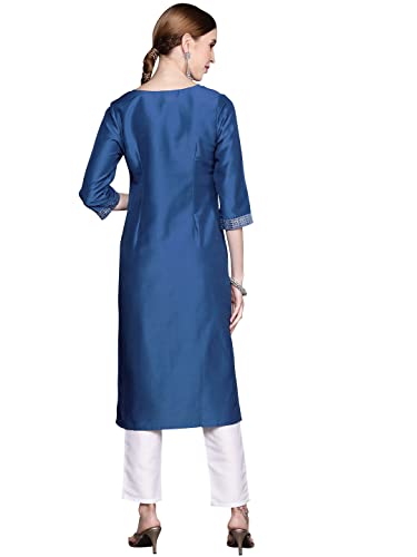 Ziyaa Women's Blue Chinon Straight Kurta And Pant Set(ZIKUCH3791ANDPA)