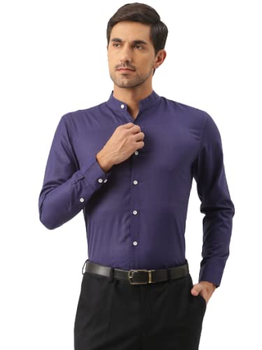 SOJANYA (Since 1958, Mens Cotton Linen Navy Blue Chinese Collar Shirt, Size: 38