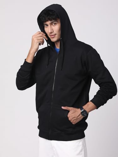 ADRO Mens Cotton Solid Zipper Hoodie Sweatshirts (ZH23-PLN-BL_Black)