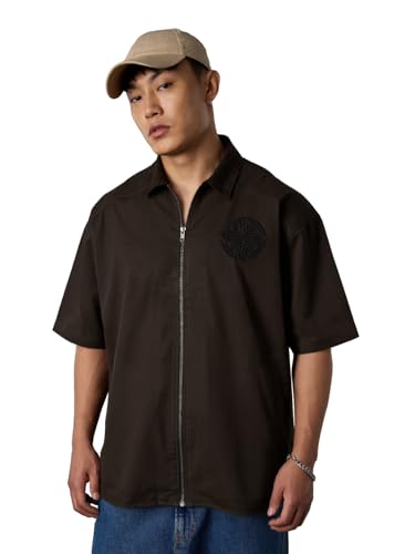 The Souled Store Kung Fu Panda: Po Men and Boys Half Sleeve Spread Collar Button Front Dark Brown Embroidered Cotton Oversized S