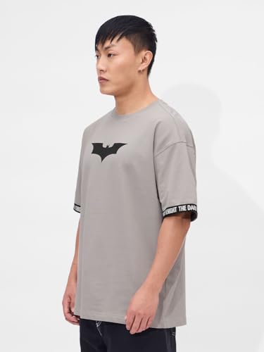 The Souled Store Official Batman: Logo Men And Boys Short Sleeves Round Neck Grey Graphic Printed Cotton Oversized T-Shirts