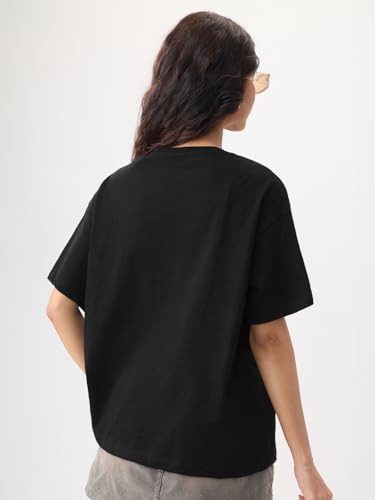 The Souled Store Peanuts: Overthink Women and Girls Short Sleeves Round Neck Black Graphic Printed Cotton Lightweight Everyday S