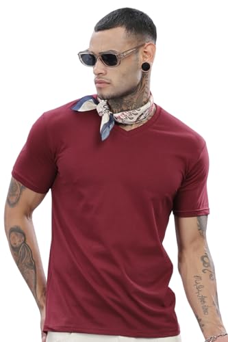 ADRO Mens V Neck Solid Cotton T-Shirt (VN-M-PLN-MR_Maroon_XL)