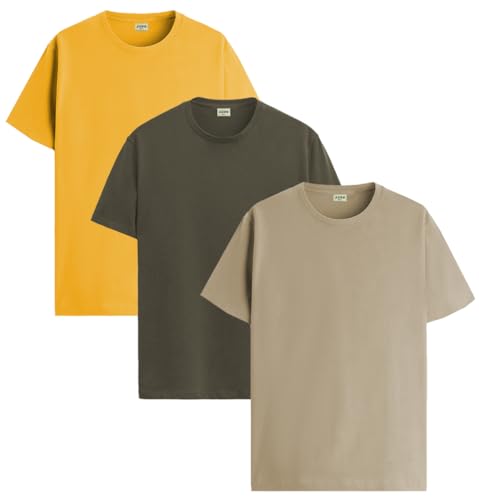 ADRO Mens Solid Regular Fit T-Shirt (RCM3-PLN-MU-OL-BE_Mustard,Olive,Beige